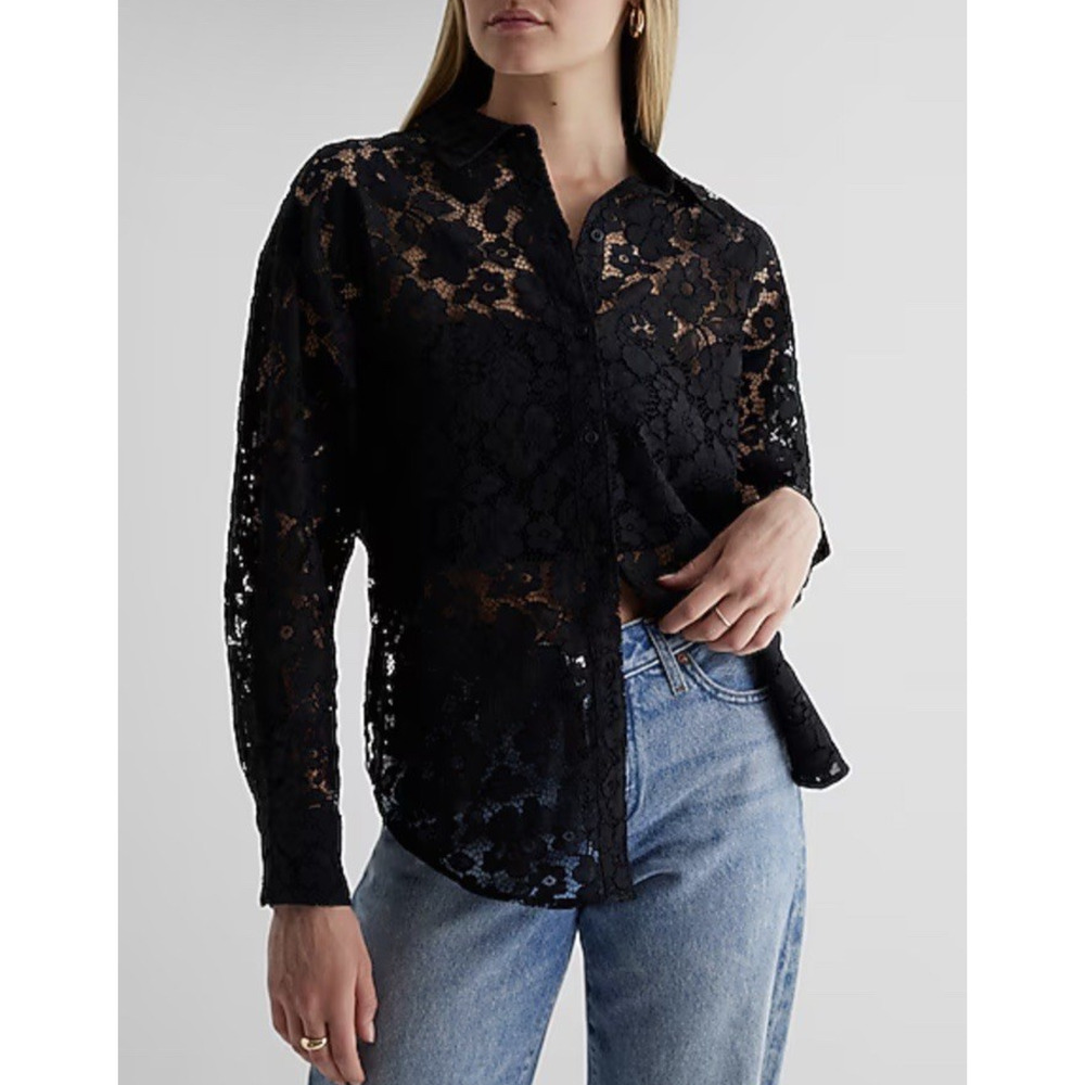 Express Lace Boyfriend Portofino Shirt Sz S Black Sheer Sexy Evening Long Slv